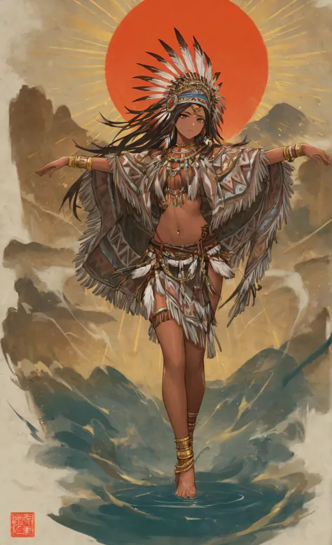  in high-definition images、 beautiful Native American beauty in dancing pose, Beautiful Native American Woman in a Gorgeous Embroidered Leather Poncho ,  flowing tulle ,  Feather Hair Ornament , War Cap, tattoo, Brown skin,  Indian Jewelry ,  Native Americ...