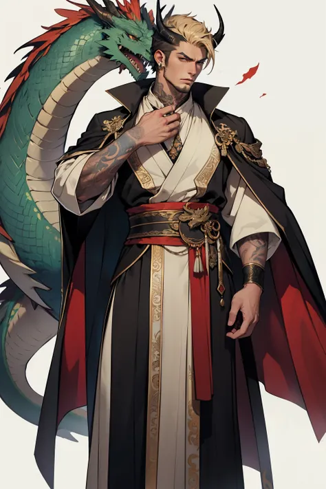 Male, European dragon, tall, handsome, aristocratic costume, cloak, earrings, arm tattoo, dragon horn. Strong masculine appearance, handsome and elegant, dignified.