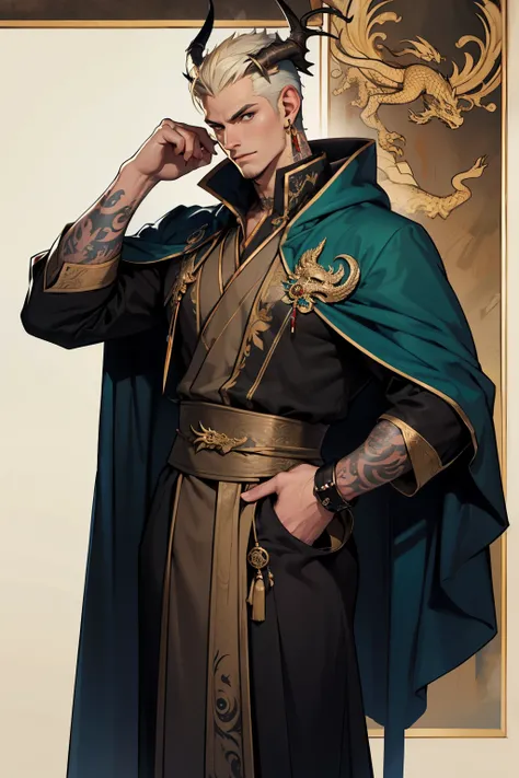 Male, European dragon, tall, handsome, aristocratic costume, cloak, earrings, arm tattoo, dragon horn. Strong masculine appearance, handsome and elegant, dignified.