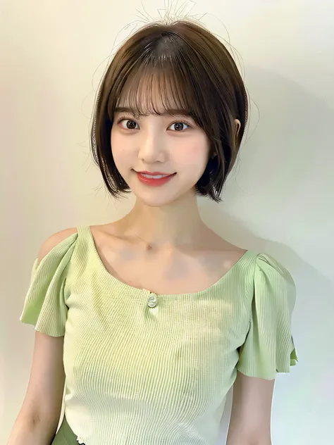 ((Top quality)), one beautiful woman, straight short hair, wearing light green shoulders blouse with short skirt, 35 mm lens, f/1, face look-up shot, (white background: 1.4), ((Looking viewer side)), camp site, big eyes, normal breasts, smile, ((Random bod...