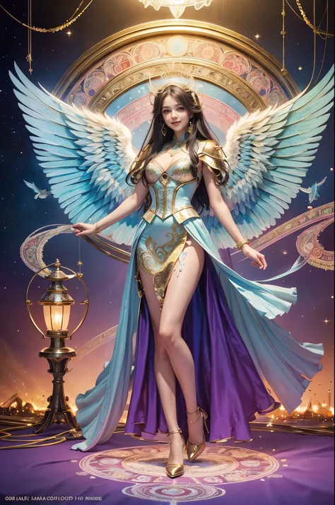 Cyborg, Girl, Beautiful girl, Cute, Sexy, Strong, Slender, Delicate, Smile, (Lolita costume), High legs, Metallic, ultra color, paisley, mandalas, Near future, Heaven, angel, feater, wing, Helix lamp, (The wings are symmetrically paired;1.5),
