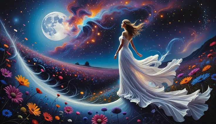 A full-body figure of a woman with flowing hair caught in the wind, her white dress billowing and dissolving into wildflowers that scatter through the air, following the intricate mathematical pattern F(x) = x⁴ sin(x) + cos(x³) sin(x²) + e^(-x³) * sin(x). ...