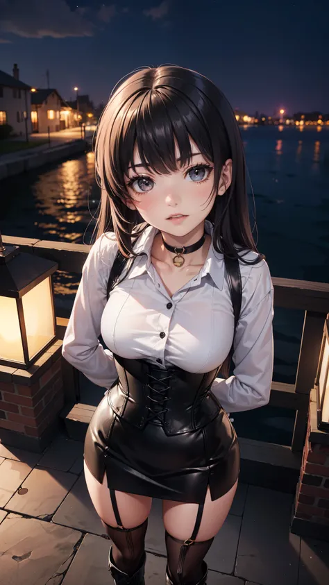 masterpiece, anime style, A young girl,  of foot, (view from above), (( arms crossed )), pretty face,  surprised look,  showing her teeth , ((redness on the cheeks)), long black hair, detailed eyes,  black eyes,  choker : 1.6, (( long sleeve white shirt ))...