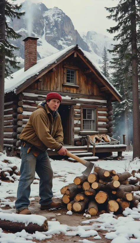 A man in a red cap and a brown jacket, chopping firewood, next to a rustic and minimalist wood cabin that has a chimney emitting smoke. Many trees behind and mountains in the background. Lots of snow