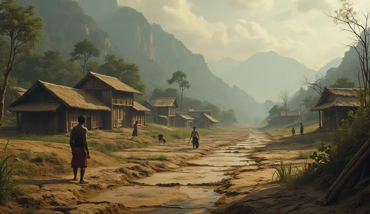 An atmospheric scene showing a drought-stricken village with cracked earth and withering rice paddies, conveying hardship and resilience.