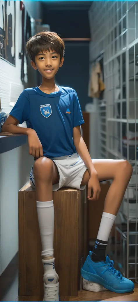 14-year-old boy ， coppery skin， Blue Shorts ，Blue and white t-shirt ， big eyes， short hair， full body shot ，A junior high school student，Toothy Smile， Ultra HD,Night sky background