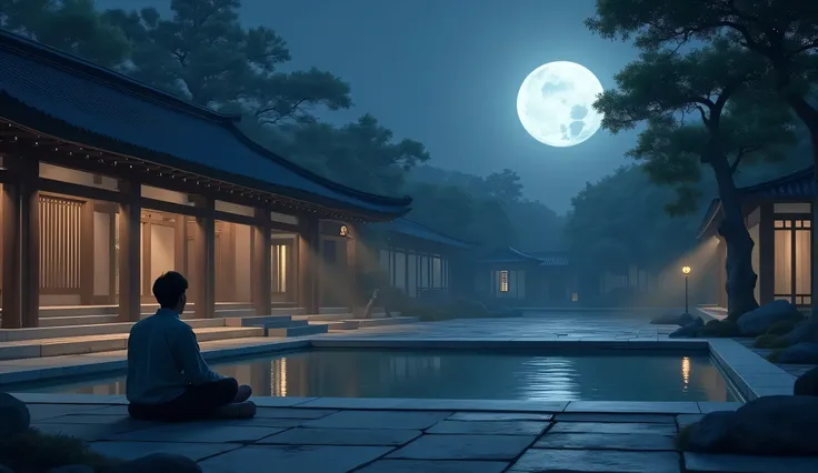 A serene nighttime scene of the young man seated in a tranquil temple courtyard by a reflective pond, illuminated by the gentle glow of the full moon.