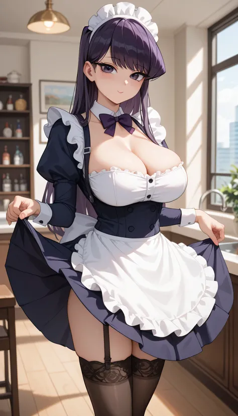 （8K ，Hyper-detailing，，Best Masterpiece，naturey，Movie special effects，Perfect artwork，Perfect female body，Flirtatious），a cute young girl，Komi Shouko，（huge breasts ），Cool maid outfit，black suspenders stockings，Large cleavage，lifting up skirt，Stretch meat，Rai...