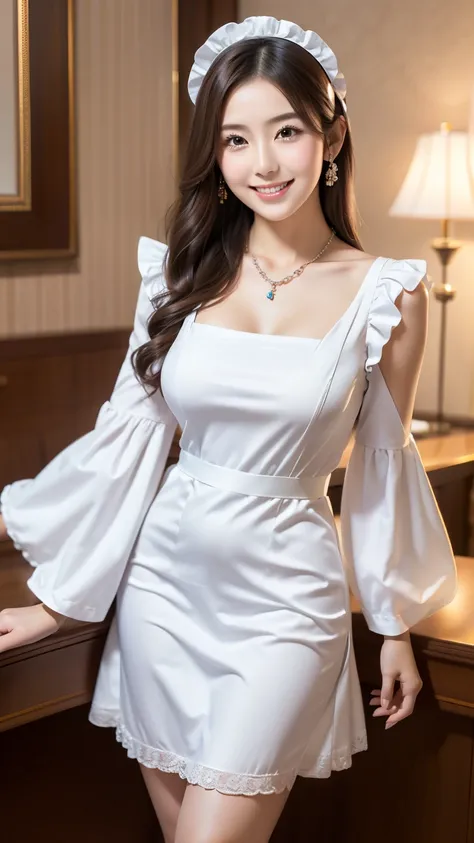   anatomically correct 5 fingers　high resolution, 8k,beautiful Korean woman in a hotel suite, (ruffle sleeve maid dress　maid headband　ribbon :1.3),    ruffle skirt that will break your thighs,   black hair, Sensual body,  looking at camera　 cute charming s...