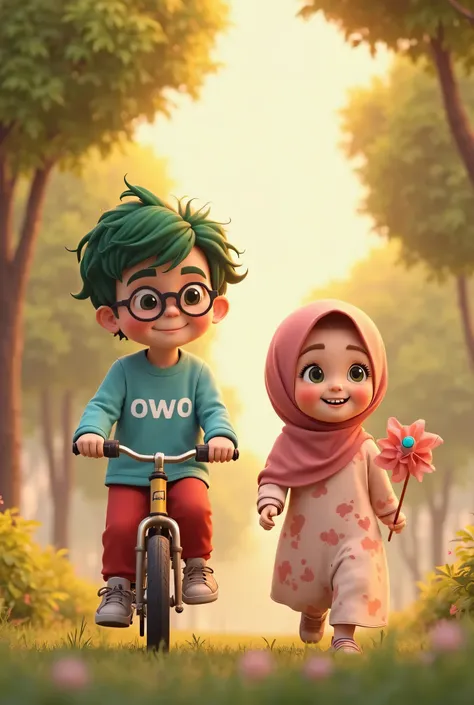 "A cute, Owo, , with green slightly messy hair, big black round glasses, wearing a light blue long-sleeve Muslim with "owo" written in white font and red pants, riding a bicycle in a park with a joyful expression. Beside him, his cute and adorable sister, ...