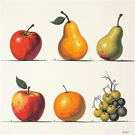 5 Fruits Bernard Buffet-Style Gouache Paintings by Pinus Communis, 5 fruits Bernard Buffet-style gouache painting,  white background