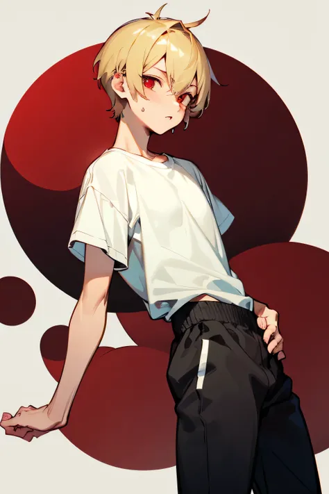  Make a male adolescent character,  with short blond hair ,  with red eyes, He's wearing a white shirt and black sweatpants, in anime
