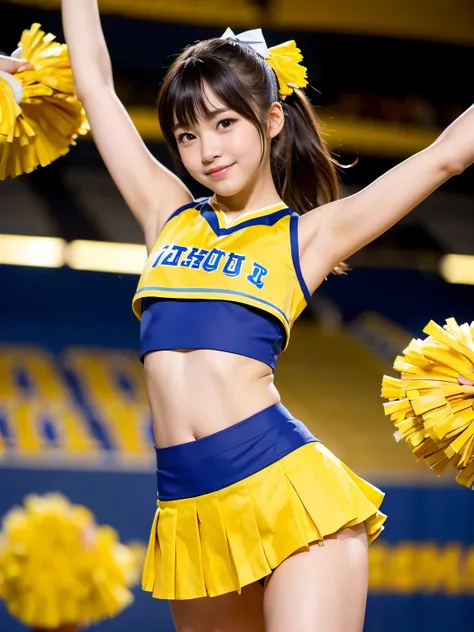 (Best-quality, Masterpiece, Ultra High Resolution, (Photorealistic:1.4), Raw Photo, depth of field, professional lighting), 
1girl, (((15-years-old, the most famous Japanese idol))), 
(((showing off cheerleading bloomers))), looking at viewer, innocent smi...