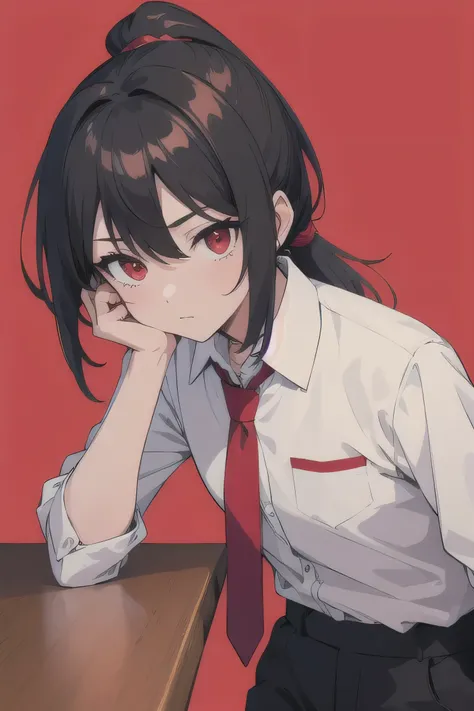 ((best quality)), ((masterpiece)), (detailed), 1girl, anime girl, A tomboy with a ponytail black hair​, red eyes, and a white shirt, red tie, and black pants.,The picture is very colorful hard​,inking hard, Sharp lines​ Background, leaning against a table