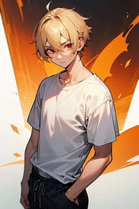  Make a male adolescent character,  with short blond hair ,  with red eyes, He's wearing a white shirt and black sweatpants, in anime
