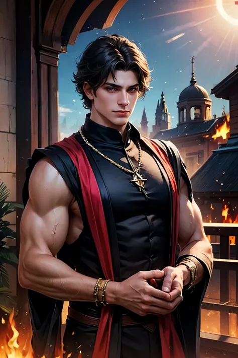 A tanned mage contemplating the skies on his balcony, he has magical fire on his right hand. He wears magician robes and a ruby necklace. He is of Latin American descent. His clothing is sleeveless, colored red and black. He has curly black hair. He looks ...