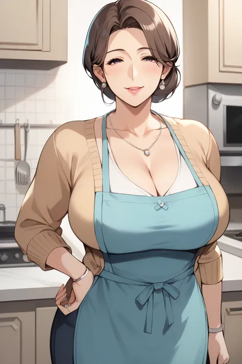  score_9, score_8_up, score_7_up,  source_Anime,safe, nsfw，  uncensored ，( masterpiece), (Gorgeous curvy Mature Woman), mature middle aged woman ，Mature Woman，housewife,  gentle smile， apron，wedding ring，long sleeve cuckold， cardigan，Chest, Mature Woman, S...