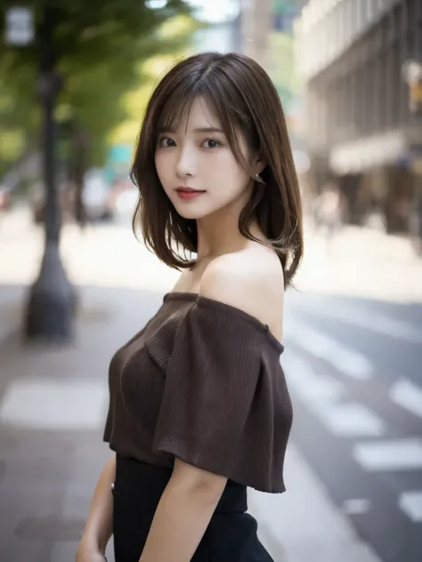 Full Body Shot, A cowboy shot a woman with medium brown hair., Standing in the city with a blurred background. Wear an off-the-shoulder grey blouse, The left shoulder is slightly lowered. soft, Confident expression, Random body orientation,