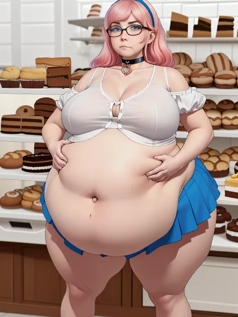 Belle Delphine, (Belle Delphine:1.5), masterpiece quality, (masterpiece quality:1.3), detailed, realistic, (realistic:1.3), 1girl, solo, (solo:1.9), 20 years old, in a bakery, (in a bakery:1.5), lots of cake in background, (lots of cake in background:1.5),...