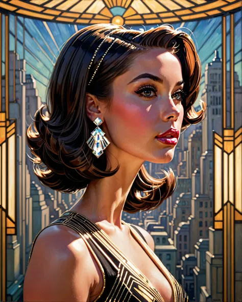 1girl, Solo, High Resolution, Looking at viewer, bouffant hairstyle, Hair Ornament, Parted Lips, From Side, From Below, Backlighting, Art Deco, Impressionism,