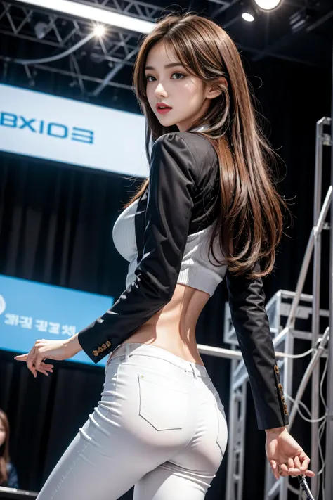 （8k，Highest quality， masterpiece，practical， super detailed ：1.3），（ 1 girl， beautiful Korean girl ,  K-pop idol ），（Black suit jacket：1.2），（White skinny trousers：1.1），（serious expression：1.2）discuss，（speech，Handheld Microphone：1.2）（crowd，audience：1.3），（Sexy ...