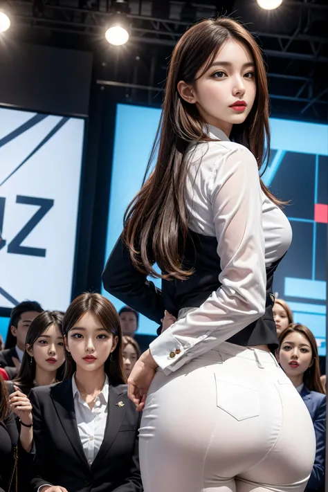 （8k，Highest quality， masterpiece，practical， super detailed ：1.3），（ 1 girl， beautiful Korean girl ,  K-pop idol ），（Black suit jacket：1.2），（White skinny trousers：1.1），（serious expression：1.2）discuss，（speech，Handheld Microphone：1.2）（crowd，audience：1.3），（Sexy ...