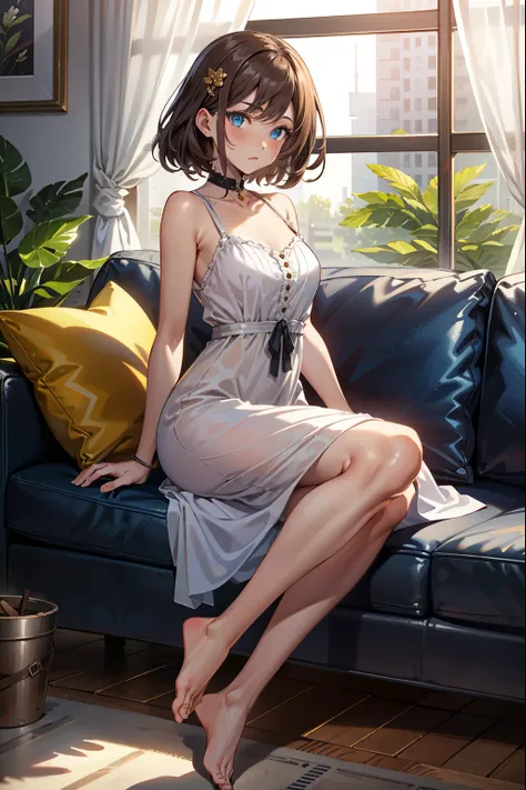 (extremely detailed CG unity 4k wallpaper),(best illustration),(best shadow),(absurdres), British Girl, Blue eyes, Lithe figure, Shoulder-length Sandy brown hair, Side-Swept Bangs, Pale skin, Contemporary living room, White Sundress, Barefoot, Sitting next...