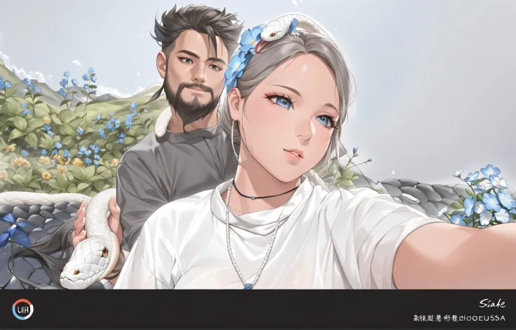 solo, a girl wearing a white choeongsam, petting a white snake, blue flower in background, Chinese theme, absurdres, masterpiece, best quality, UHD