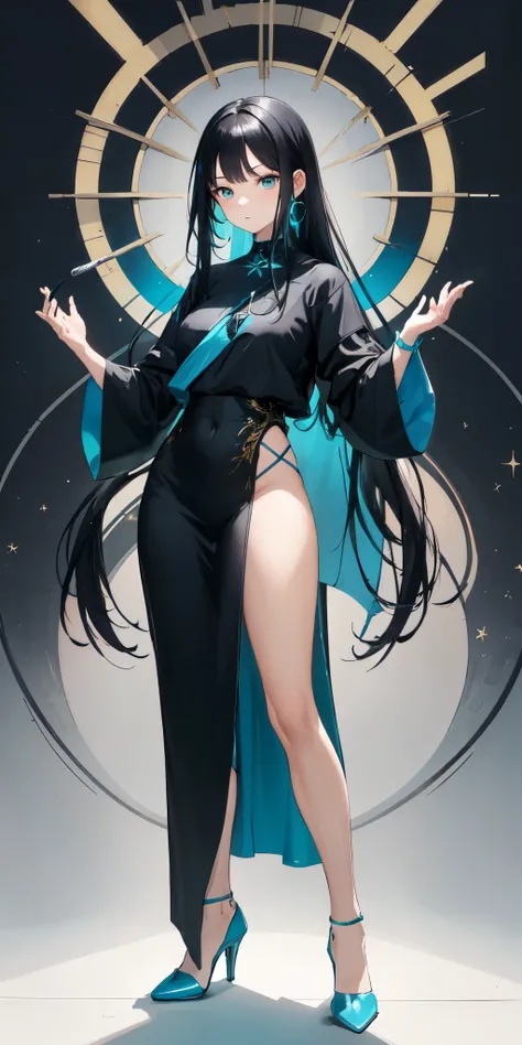 1girl, long black hair, hime haircut, blue-grey eyes, powerful mage, reality warper, elegant, poise, graceful, teal aura, wallpaper, teal and grey theme, standing, dynamic pose elegant outfit, heels, long dress, holds a magical quill