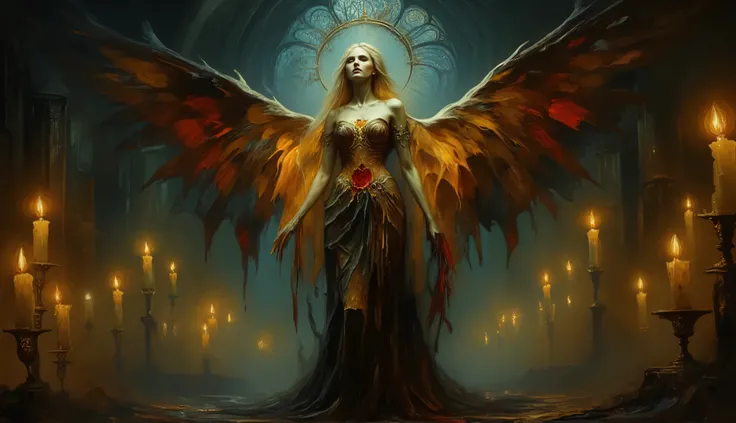 A surreal gothic illustration of a vampire angel standing in a candlelit hall with towering stained glass windows. Her golden hair is illuminated by flickering flames, her face serene yet hiding an unquenchable thirst. Her shattered halo hovers above, crac...
