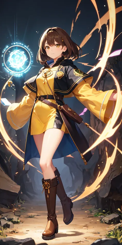 1girl, medium brown hair, warm hazel eyes, powerful mage, healer, nature's conduit, yellow aura, wallpaper, earthy tone theme, standing, dynamic pose, earthy tone outfit, streetwear, brown boots, 