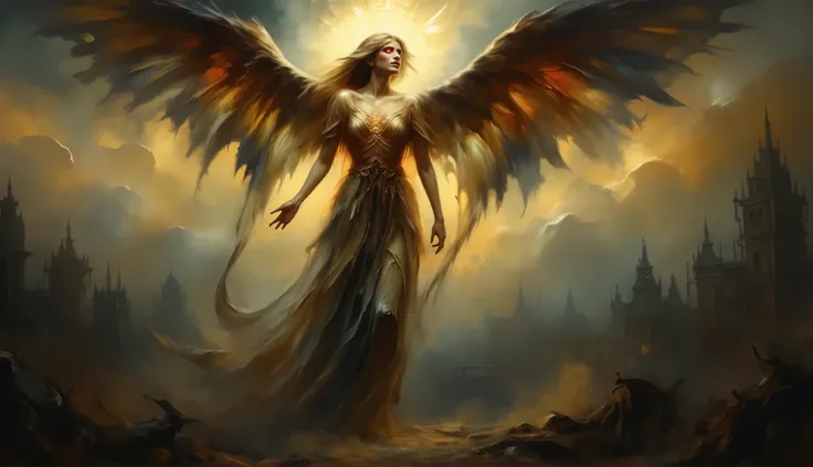 A breathtaking fantasy oil painting of a fallen angel now reborn as a vampire, descending through a veil of ethereal mist. Her golden hair flows like liquid sunlight, contrasting with her deep crimson eyes. Her broken halo glows faintly, surrounded by ghos...