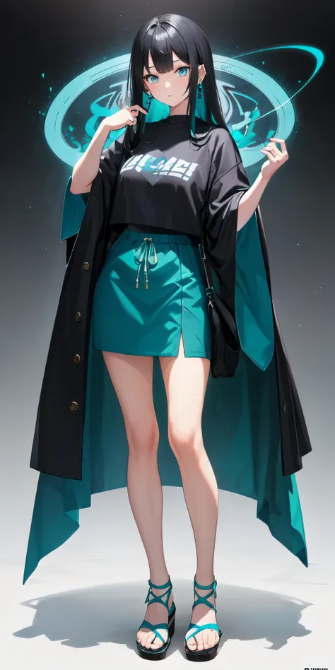 1girl, long black hair, bangs, piercing blue-grey eyes, powerful mage, weaver, reality writer, teal aura, wallpaper, teal and grey theme, standing, dynamic pose, teal flowy outfit, streetwear, sandals