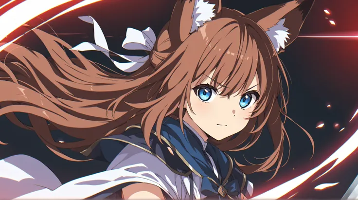 Anime Style、Fox Ears、 brown hair、 blue eyes、long hair、 holding a sword 、tattered clothes