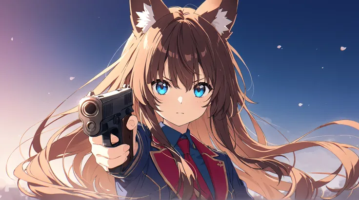 Anime Style、Fox Ears、 brown hair、 blue eyes、long hair、 holding a handgun