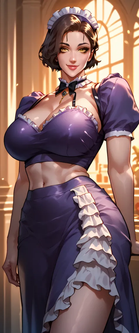 A happy maid woman beautiful beautiful big breast sexy attractive big dark brown hair disheveled cut her yellow eye long black eyelash dresses purple maid top shows her navel and dresses metallic purple maid skirt