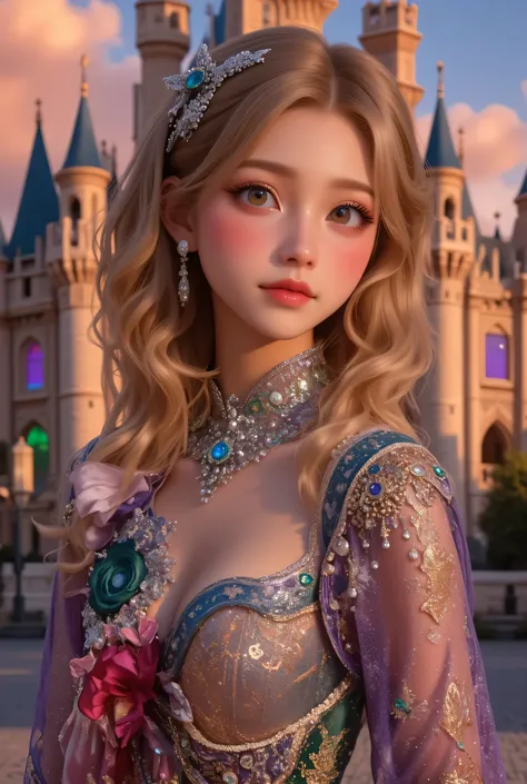 lors, deep contrast, super real, pink lipstick, lovely atmosphere, cinematic composition, close-up of face. She is wearing a breathtakingly opulent princess dress with flowing, multi-layered fabrics in a mesmerizing blend of royal blue, deep crimson, emera...