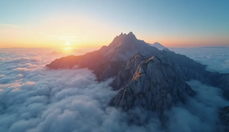 {
  "prompt": "An ultra-realistic aerial view of a breathtaking mountain range rising above a sea of clouds at sunrise. The golden light of the rising sun casts a warm glow over the rugged peaks, while the thick, soft clouds roll like waves below, partiall...