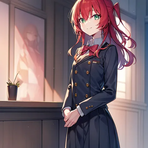 detectiveLunch break,  Smile,  long hair,  bangs,  green eyes, shirt,  Hair accessories ,  long sleeve, skirt, bow, Redhead, Hairpin, blunt  bangs, bowtie, red bow, x  Hair accessories , red bowtie, Lunch break, (  Medium Chest  :1.2), rest looking at view...