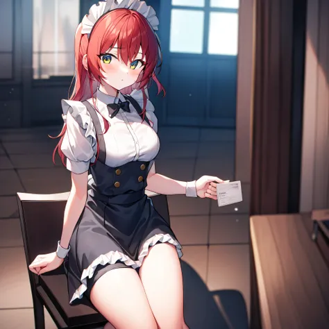 1 girl, , alone,  Lift your legs,  long_hair, A skirt,  red_hair, maid_hat, Watching_Take a step back, Watching_Shown in_ Peeping at the audience ,  through bangs ,  black_ Lift your legs, Blushing,  black_A skirt, alone, Short_sleeve, clothing_Raise , wri...