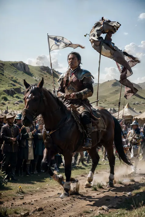 "A dramatic and cinematic scene of Genghis Khan as a young warrior in the Mongolian steppes. He stands with a determined expression, wearing traditional Mongolian armor, gripping a bow and sword. The background shows a harsh, windswept landscape with yurts...