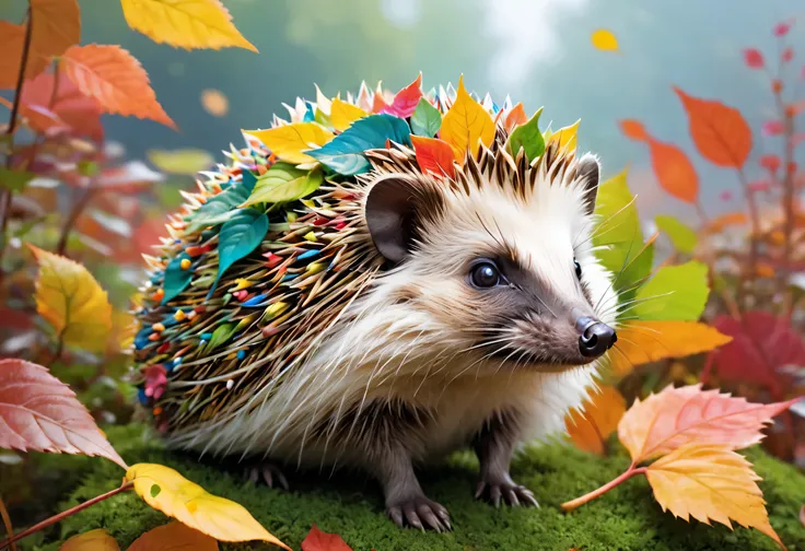 Picture of a hedge with colorful leaves on the head, anthropomorphic Hedgehog, Hedgehog, intellectual Hedgehog, Hedgehog magus, smart Hedgehog,  detailed digital art , cute detailed artwork, colorful!!  High precision,  Very delicate and colorful , Cute wo...