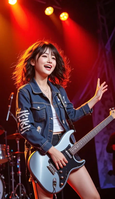 A vibrant, 20-year-old Japanese woman sings with unrestrained joy, her voice powerful and full of emotion as she passionately plays a sleek silver electric guitar on stage. Her curly hair bounces wildly, and her beaming smile transforms into an open-mouthe...