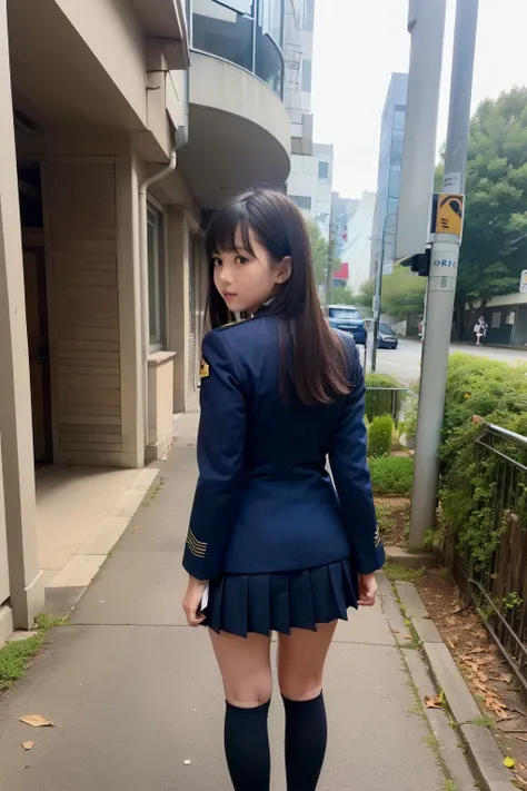  school staircase background (((Girl in Uniform who looks back and only turns her face))),, beautiful feet,Black hair with bangs, navy blue pleated micro mini skirt,((Wear dark blue high socks and sneakers)),(((the back of a plain navy blue blazer as seen ...