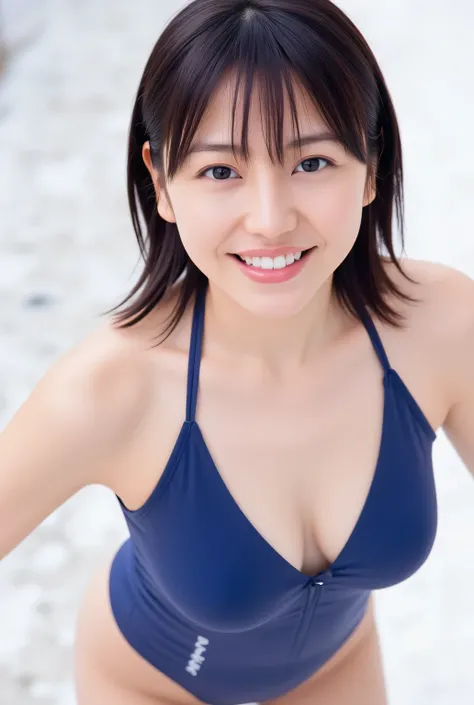   female 1 person , Growing Skin   ,   shiny skin ,  の   nothing 、   in the snow in winter  、 perfect eyes ,perfect face,   she's a woman with natural breasts  ,（かわいい笑face：1.5、bangs：1.5），  high school girl、School swimsuit、 dark blue one-piece swimsuit,    ...