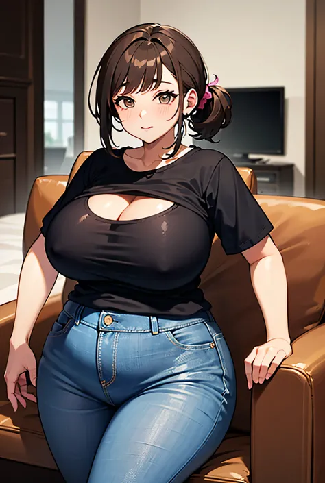 Short chubby mature woman, with chubby cheeks, dark brown hair, a low ponytail, with few gray hairs, brown eyes, a light V-cut blue shirt that hugged her chubby stomach, jeans, cleavage, pink open sweater