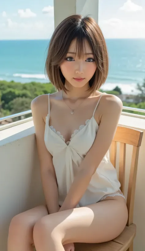      One Beautiful Girl   、(  without makeup)、Knees explained     (reality: 1.4),       Japanese Beauty    、      camisole dresses 、   spread legs sideways   、  panties are visible  、thin、(     upper body)、(     surreal )、(    high resolution )、(8k)、(    v...