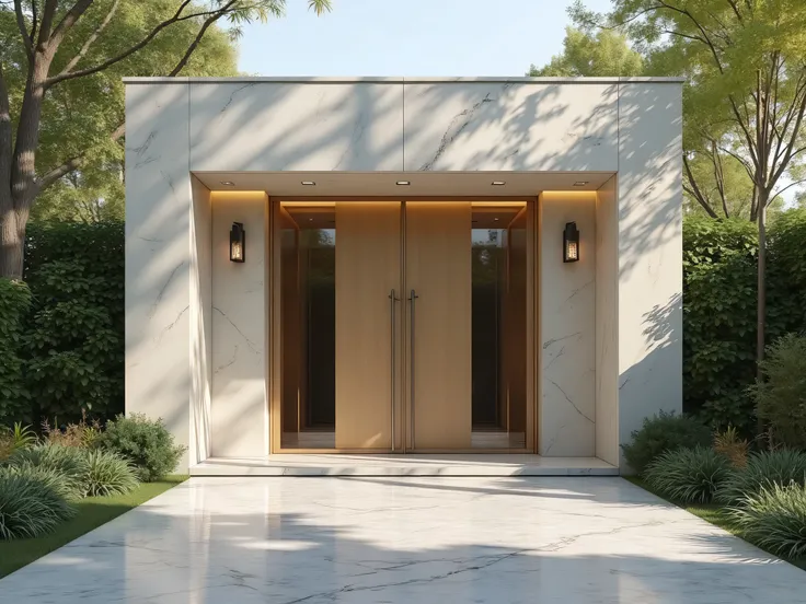  sunshine、front。 The focus is on the entrance scene，The exterior wall 、Outside the courtyard, enter the main entrance、Add a small door next to it、Aluminum art gate 、aluminum art fence、Large landscape of the courtyard、Modern doorways、Shiny light-grained mar...