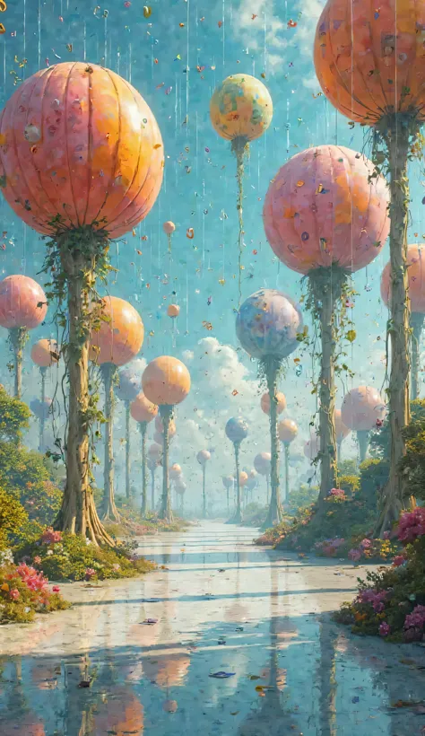 "A forest where the trees are made of giant balloons that float upwards, with roots that dangle like tentacles. The ground is a giant mirror reflecting the sky, creates the illusion of an endless world. while rain in the form of letters of the alphabet fal...