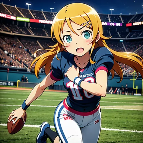 Kirino Kousaka wearing a college football uniform and football helmet, looking towards camera with mouth open and blushing